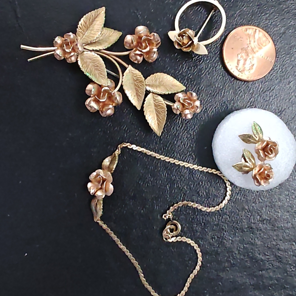 Rose Gold-tone Floral Jewelry Set; Pins, Earrings, Bracelet